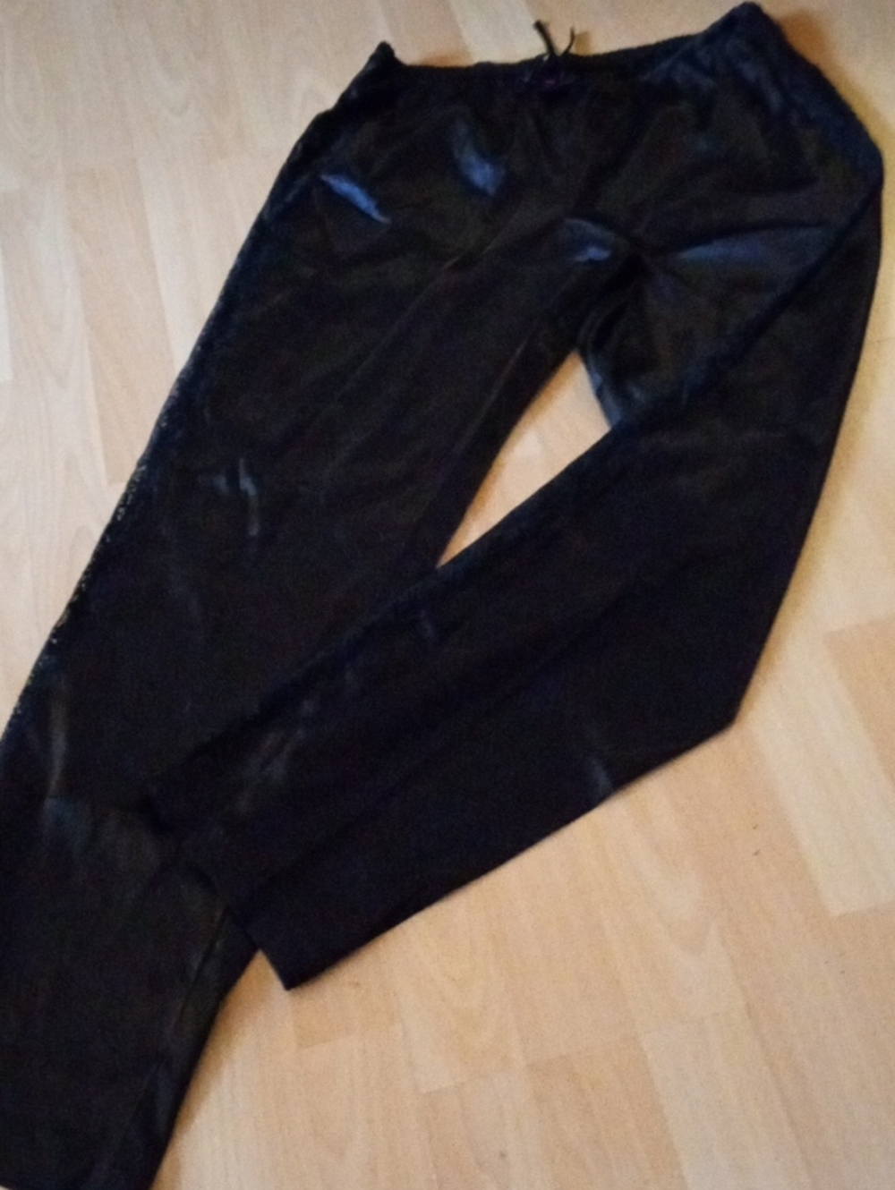 Women's Black Satin Elastic-Waist Pants Lace Sides Detailed